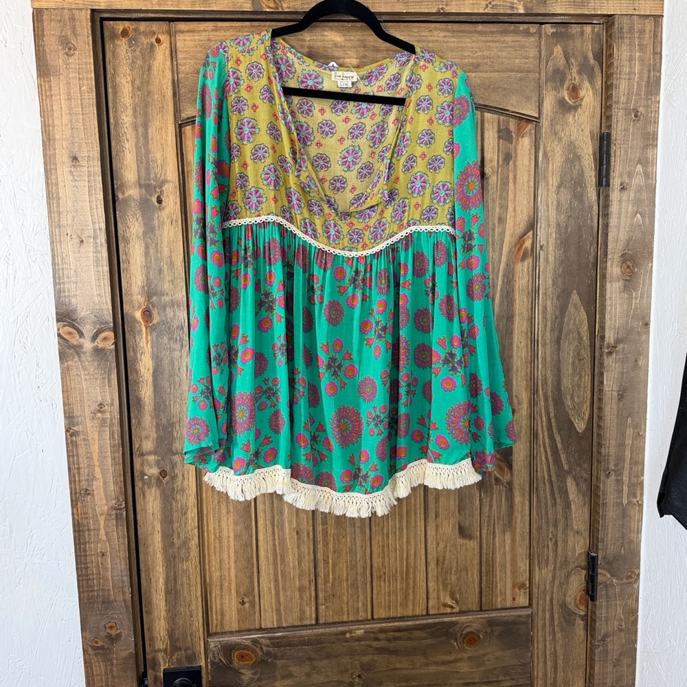 Boho Floral Peasant Blouse - Green & Yellow
